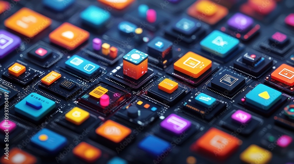 Aufkleber Close up of colorful app icons on a circuit board. Digital interface, technology, innovation, and connectivity concepts.
