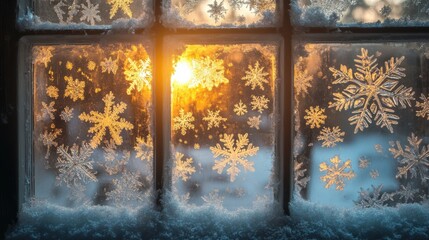 Frosted window sunset snowflakes
