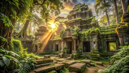 Obraz premium Ancient Temple Lost in Time: A Lush Jungle Overgrowth Reveals Nature's Embrace on Weathered Stone Structures Surrounded by Exotic Flora and Fauna in Vibrant Colors