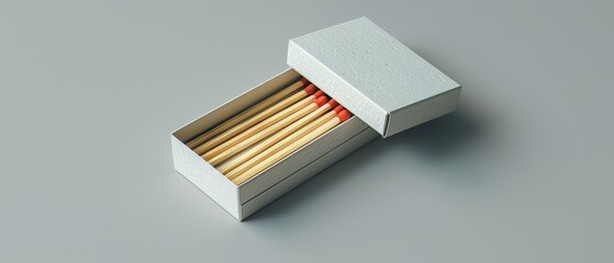 Open matchbox and matchsticks displayed on a soft pastel grey background, with ample space for