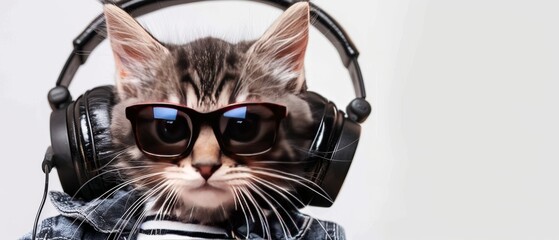 Cute cats in trendy clothing and headphones isolated on a white background, playful stylish.