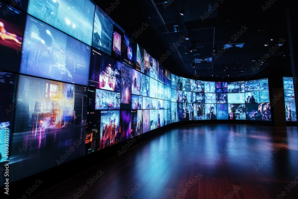 Poster curved wall of digital screens displaying futuristic imagery in modern gallery