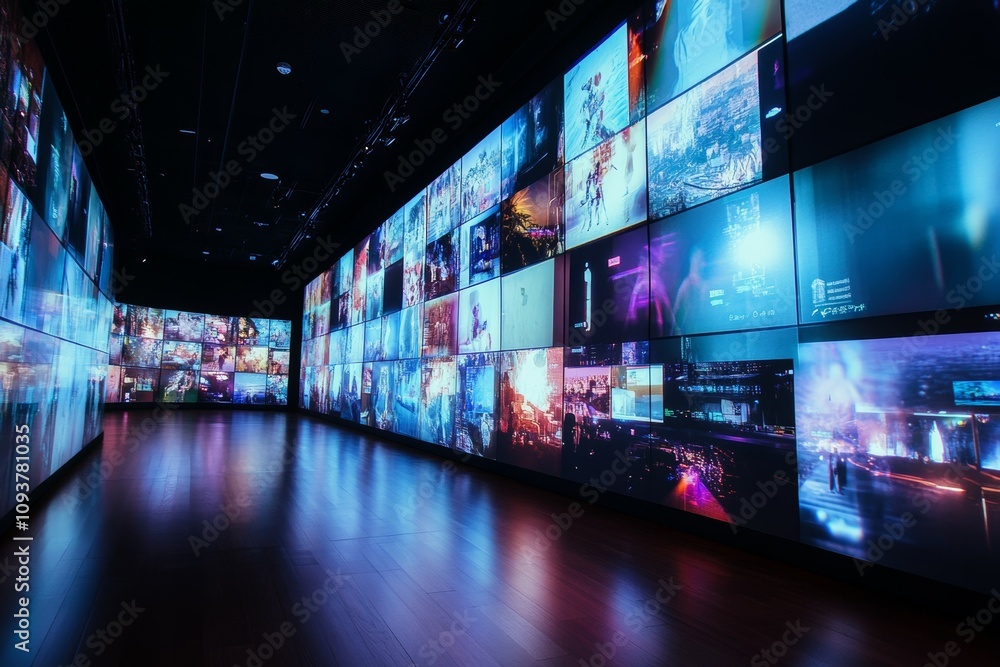 Poster interactive digital art gallery with illuminated video wall display