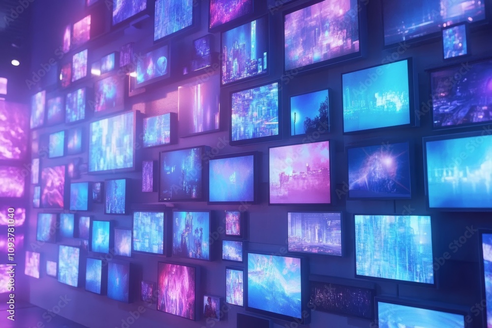 Poster vibrant digital display wall with multicolored screens in a futuristic setting