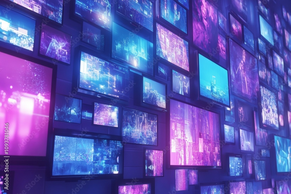 Poster colorful digital screens displaying abstract visuals in futuristic setting