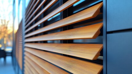 Obraz premium Modern building exterior with wooden sunshades.