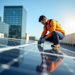 Photo, 8k resolution, a technician crouching on a sunny rooftop, adjusting connections on a large solar panel. The blurred background features a clear blue sky and modern buildings, emphasizing clean 