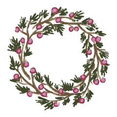 Christmas wreath of spruce with red berries, hand drawn vector illustration