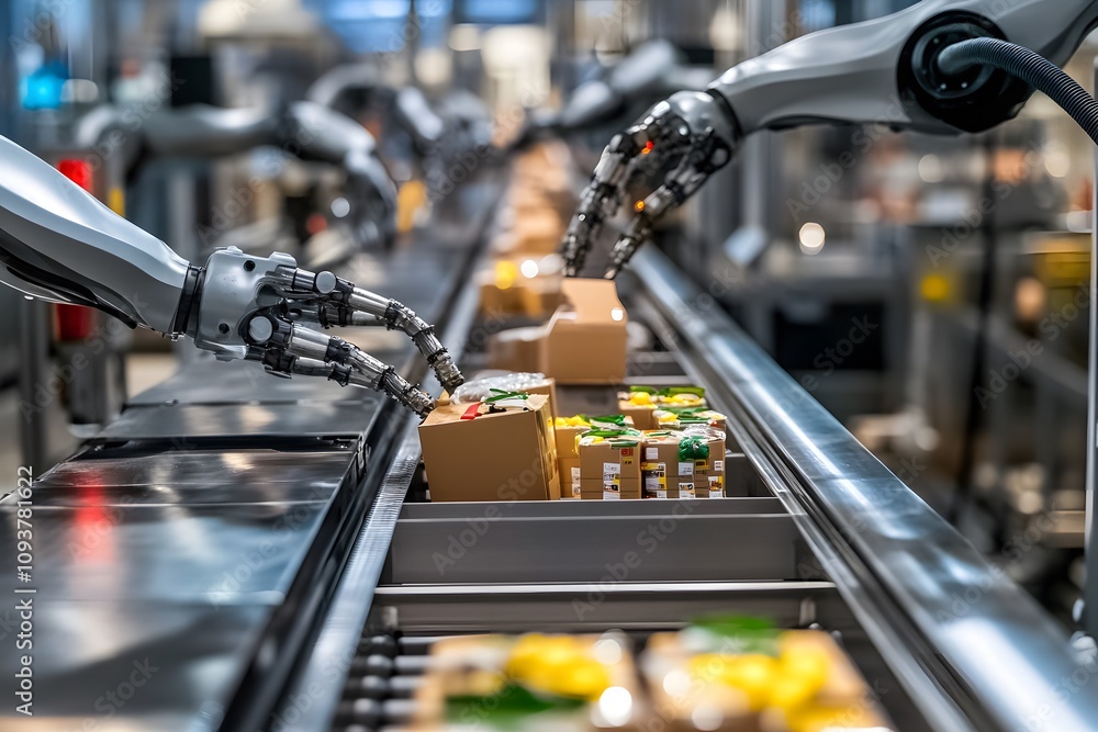 Poster robots sorting packages on a conveyor belt in an automated warehouse.