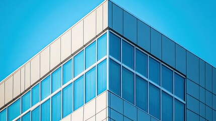 Modern building corner with blue glass windows against a clear sky.