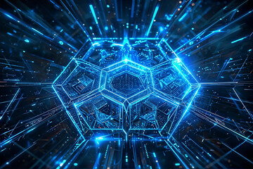 Abstract Hexagons with Glowing Blue Lights. ai concept
