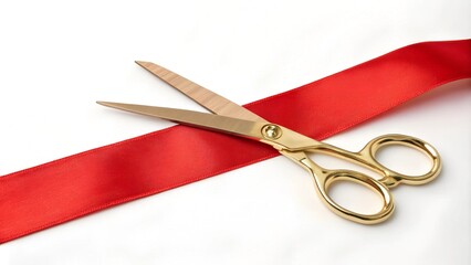 Grand opening, ribbon cut, gold scissors and red satin ribbon isolated on white