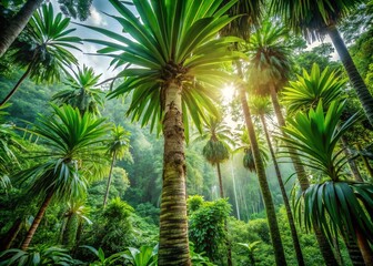 Fototapeta premium Architectural Photography of a Pandan Tree in a Lush Tropical Forest, Showcasing Nature's Intricate Patterns and Textures Against a Vibrant Green Backdrop