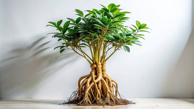 Architectural Photography of Eurycoma Longifolia (Tongkat Ali) on a Clean White Background, Showcasing the Unique Structure and Natural Beauty of the Plant's Roots and Leaves