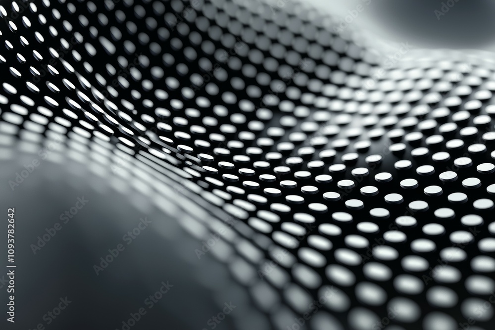 Poster abstract wavy metallic surface with perforated pattern and light play