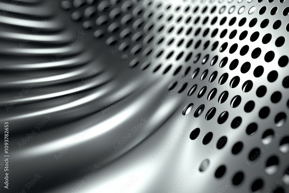 Poster close-up of metallic perforated surface with curved patterns and reflections