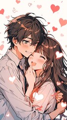 a couple hugging each other with hearts flying around them in the air behind them, and a background of hearts, Ay-O, romanticism, anime art, a manga