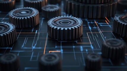 Data Dynamics: Mechanical gears and gear systems visualized through interconnected lines, dots, big data graphics with copy space for impactful banner, presentation