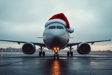 An festive christmas airplane wearing a santa hat. Seasonal travel