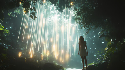 A mysterious forest scene with luminous vertical strands of light, representing inspiration and lifting spirits in a tranquil setting full of enigma and beauty,. Luminous Forest Spirits. Illustration