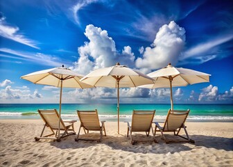 Fototapeta premium A Relaxing Beach Scene with White Umbrellas and Colorful Beach Chairs Under a Clear Sky, Perfect for Summer Vibes and Coastal Getaways