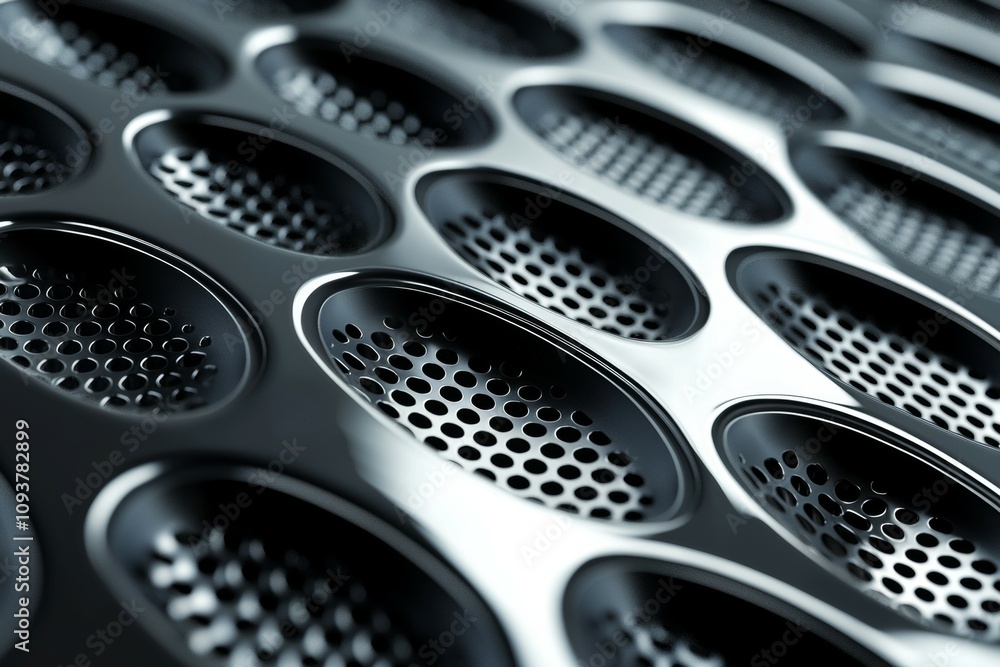 Poster close-up of metallic perforated surface with oval patterns