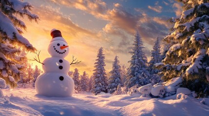 Fototapeta premium Snowman in snowy landscape at sunset