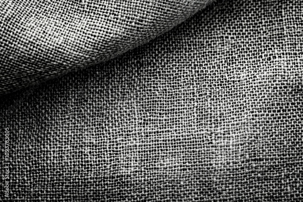 Poster close-up texture of coarse woven fabric in monochrome displaying intricate weave patterns