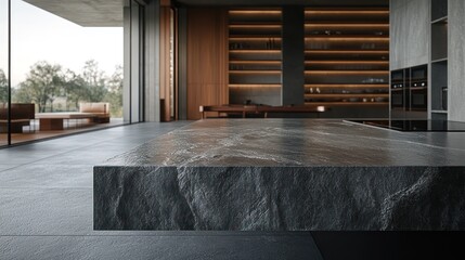 Modern kitchen island countertop with luxury minimalist design and outdoor view.