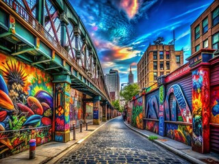 Fototapeta premium Artistic Vibrant and Colorful Cityscape Beneath Urban Bridge with Bold Graffiti Showcasing the Beauty of Street Art and Urban Culture in a Dynamic Metropolitan Environment