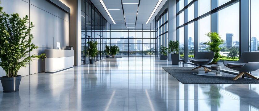 Modern office lobby with large windows, plants, and sleek furniture.