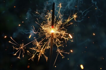 Fototapeta premium Single sparkler is burning down, creating golden sparks on a dark background
