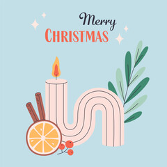 Christmas candle. Hand drawn candle with Christmas floral decorations, orange and cinnamon. Winter design. Vector illustration in flat style