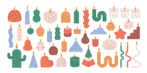 Decorative aromatic candles various shapes and colors. Burning scented candles, home interior and aromatherapy. Vector illustration in flat style