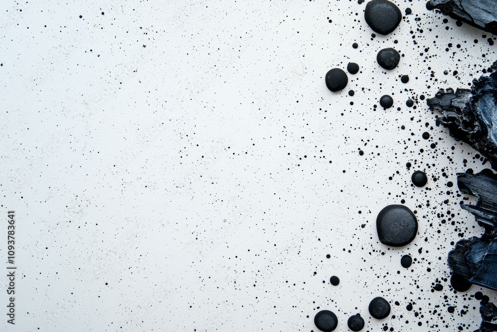 Poster abstract patterns of black ink splashes on white background with textured shapes