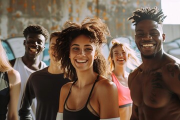 Fototapeta premium A Diverse Group of Friends Smiling Together While Enjoying Time Outdoors and Wearing Colorful Activewear