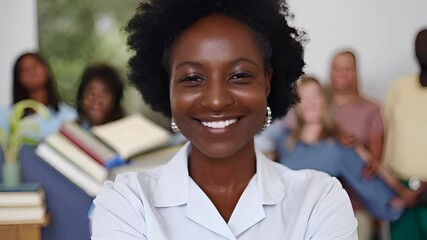 Portrait of a confident woman smiling with a diverse group. Books in background. Warm and welcoming atmosphere.