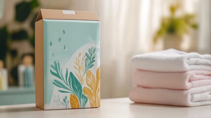 Cardboard box with eco-friendly laundry detergent, bright illustrations of plants and water droplets on the packaging. In the corner of the frame, you can see freshly folded laundry.