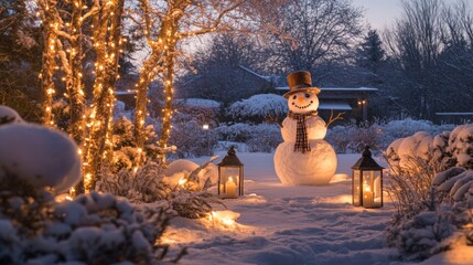 Fototapeta premium Charming outdoor snowman with creative decor, standing in a frosty meadow with snow-dusted trees and a warm, inviting glow from nearby decorative lanterns
