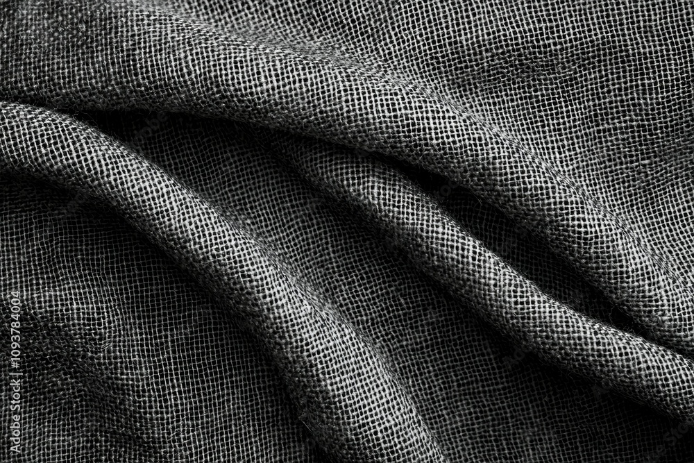 Poster close-up of textured gray burlap fabric with intricate weave pattern
