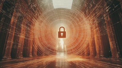 Digital security concept featuring a padlock surrounded by abstract data streams and columns, symbolizing cyber protection and information safety