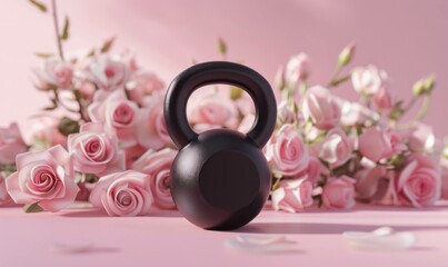 Obraz na płótnie Canvas Black kettlebell placed amidst soft pink roses, symbolizing fitness and wellness in a serene environment. Perfect for health and workout themes.