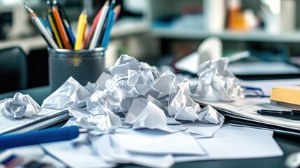 A cluttered desk with crumpled up papers and writing utensils