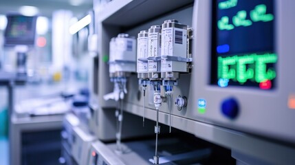 Fototapeta premium Close up of a medical infusion pump in a hospital room.