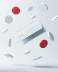 Floating abstract credit card surrounded by various red and white discs on a soft gradient background representing digital transactions