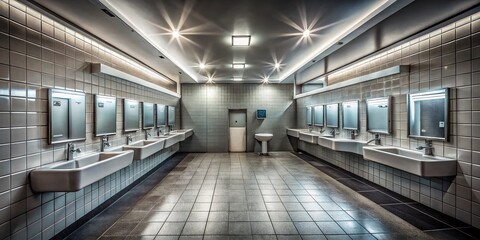 Obraz premium A Solitary Perspective of an Empty Public Restroom Highlighting Cleanliness and Minimalism in an Urban Environment, Evoking Feelings of Isolation and Reflection in a Shared Space