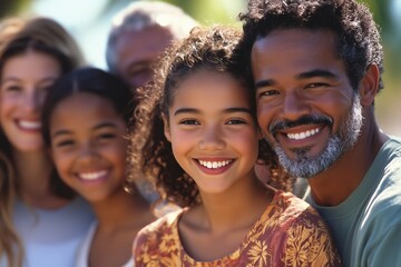 Fototapeta premium Joyful multiethnic family group standing together outdoors, smiling warmly, showcasing love and diverse cultural harmony in a sunny setting