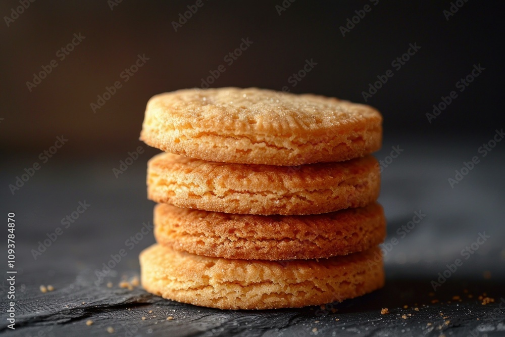 Poster stack of four round cookies with slightly rough edges is sitting on a dark surface