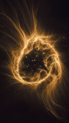Dynamic golden galactic nebula radiating luminous light with intricate spirals of glowing dust. Star-filled cosmic astronomy background