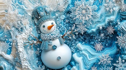 Obraz premium Frosty snowman with intricate snowflake patterns creative winter design surrounded by sparkling frosty landscapes playful and imaginative holiday scene